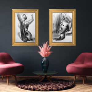 Black and white nude figure watercolor art set displayed in modern interior